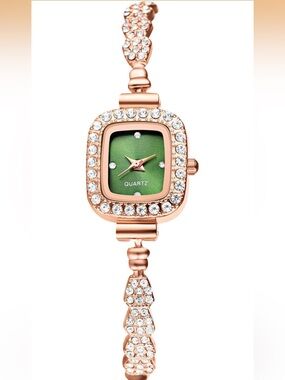 Anthropologie Rose Gold-Tone Crystal Bracelet Watch with Green Dial